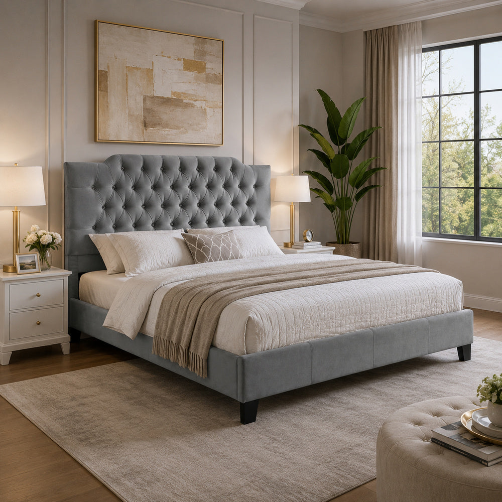 Yuko Queen Platform Bed | Tufted Gray Velvet Upholstery | Espresso Brown