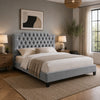 Yuko Queen Platform Bed | Tufted Gray Velvet Upholstery | Espresso Brown