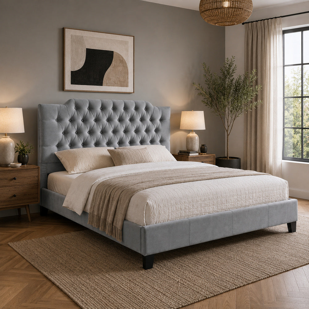 Yuko Queen Platform Bed | Tufted Gray Velvet Upholstery | Espresso Brown