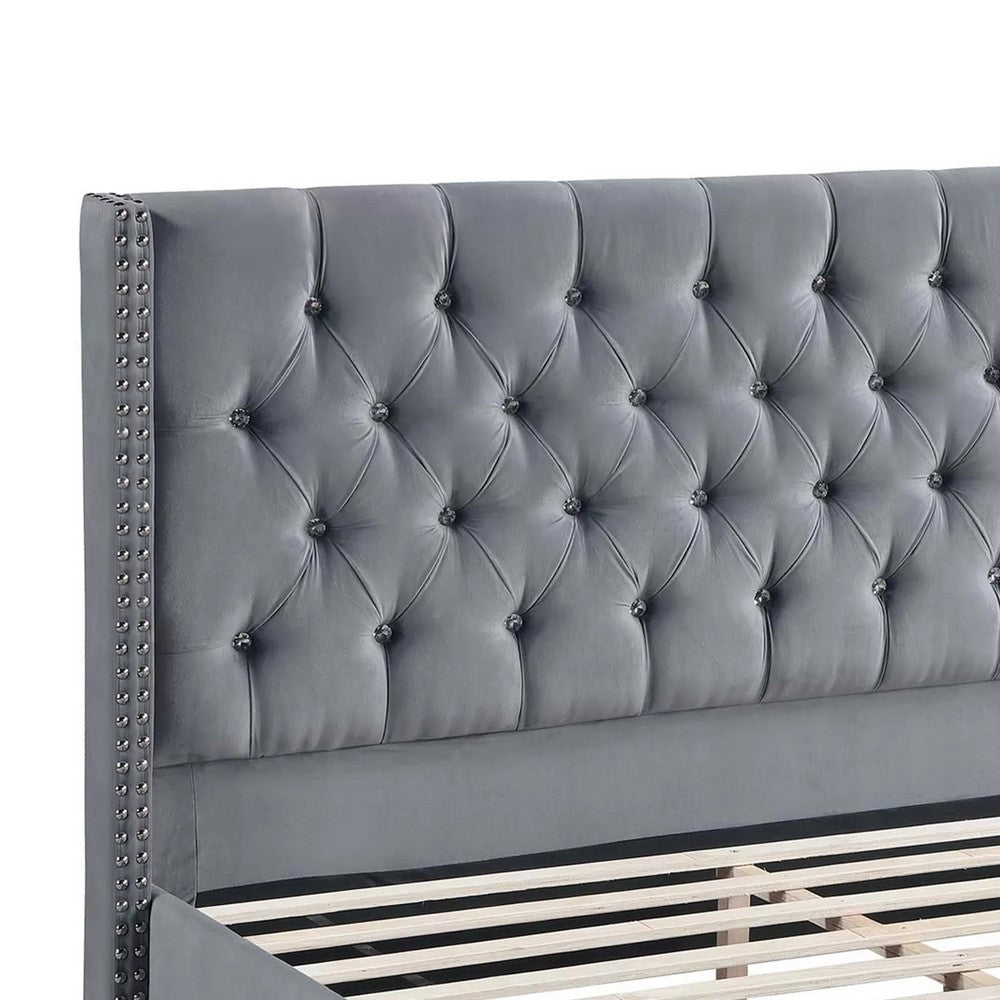 Yuko Full Platform Bed | Nailed Wingback | Gray Velvet Upholstery | Brown