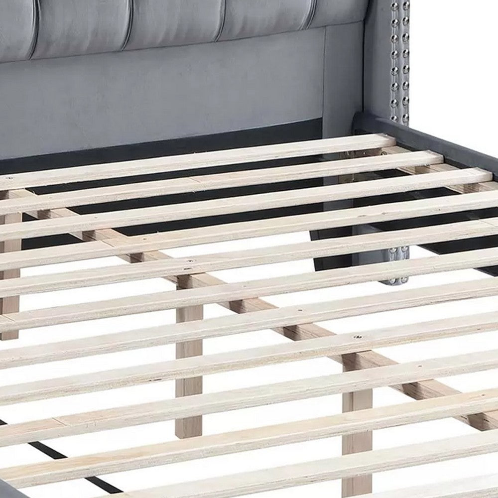 Yuko Queen Platform Bed | Nailed Wingback | Gray Velvet Upholstery | Brown