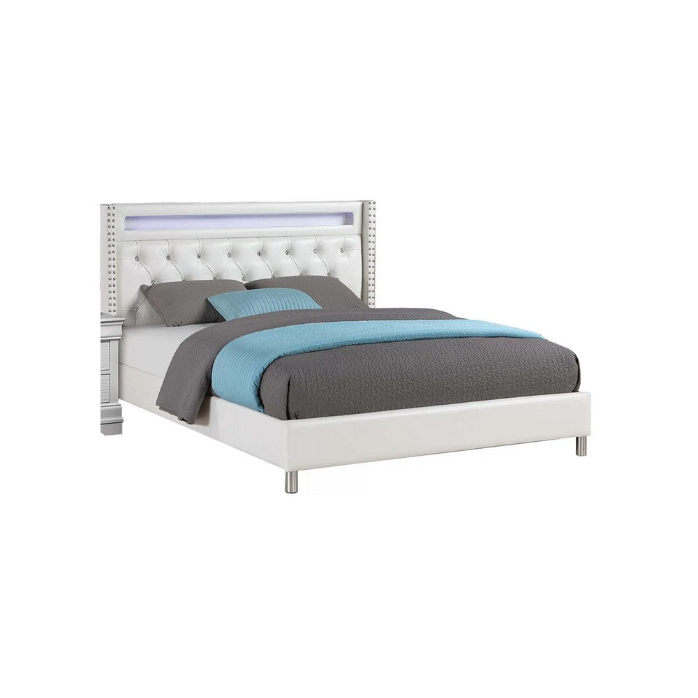 Asma Queen Bed w LED | Charging Station | White Faux Leather Upholstery
