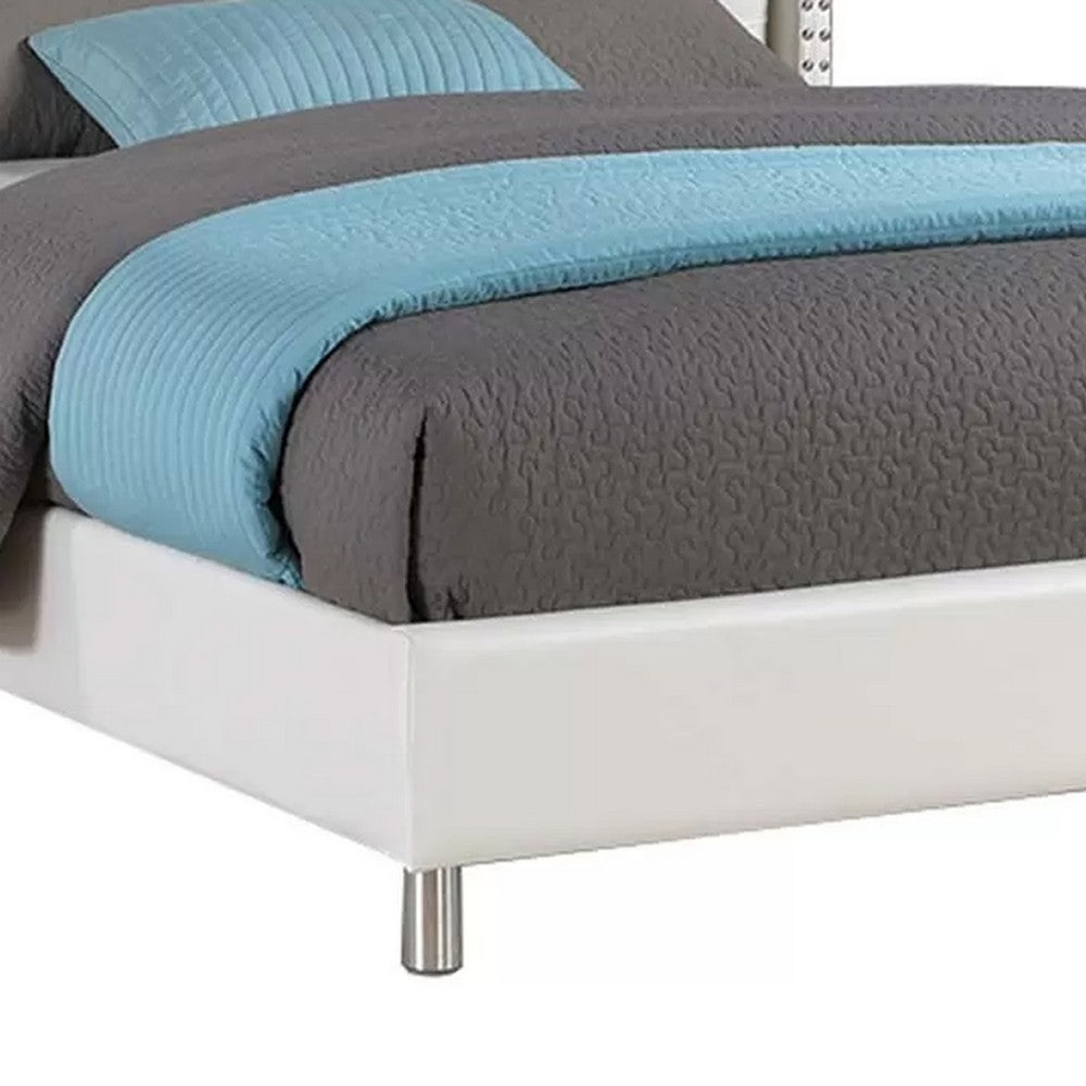 Asma Queen Bed w LED | Charging Station | White Faux Leather Upholstery