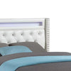 Asma Queen Bed w LED | Charging Station | White Faux Leather Upholstery