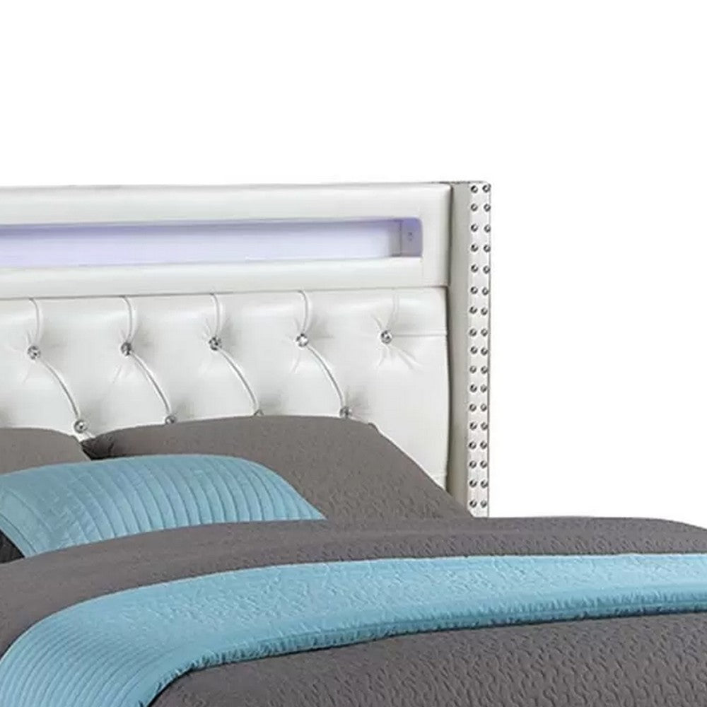 Asma Queen Bed w LED | Charging Station | White Faux Leather Upholstery