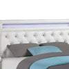 Asma Queen Bed w LED | Charging Station | White Faux Leather Upholstery
