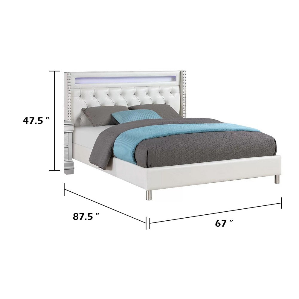 Asma Queen Bed w LED | Charging Station | White Faux Leather Upholstery