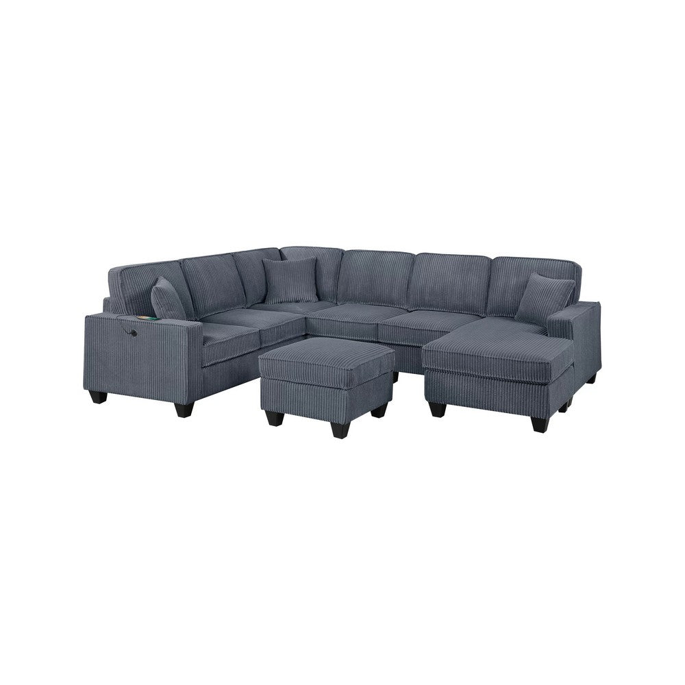 Vini 5pc Sectional Sofa Set | 3 Pillows | USB | Foam Fill Dark Gray Corduroy