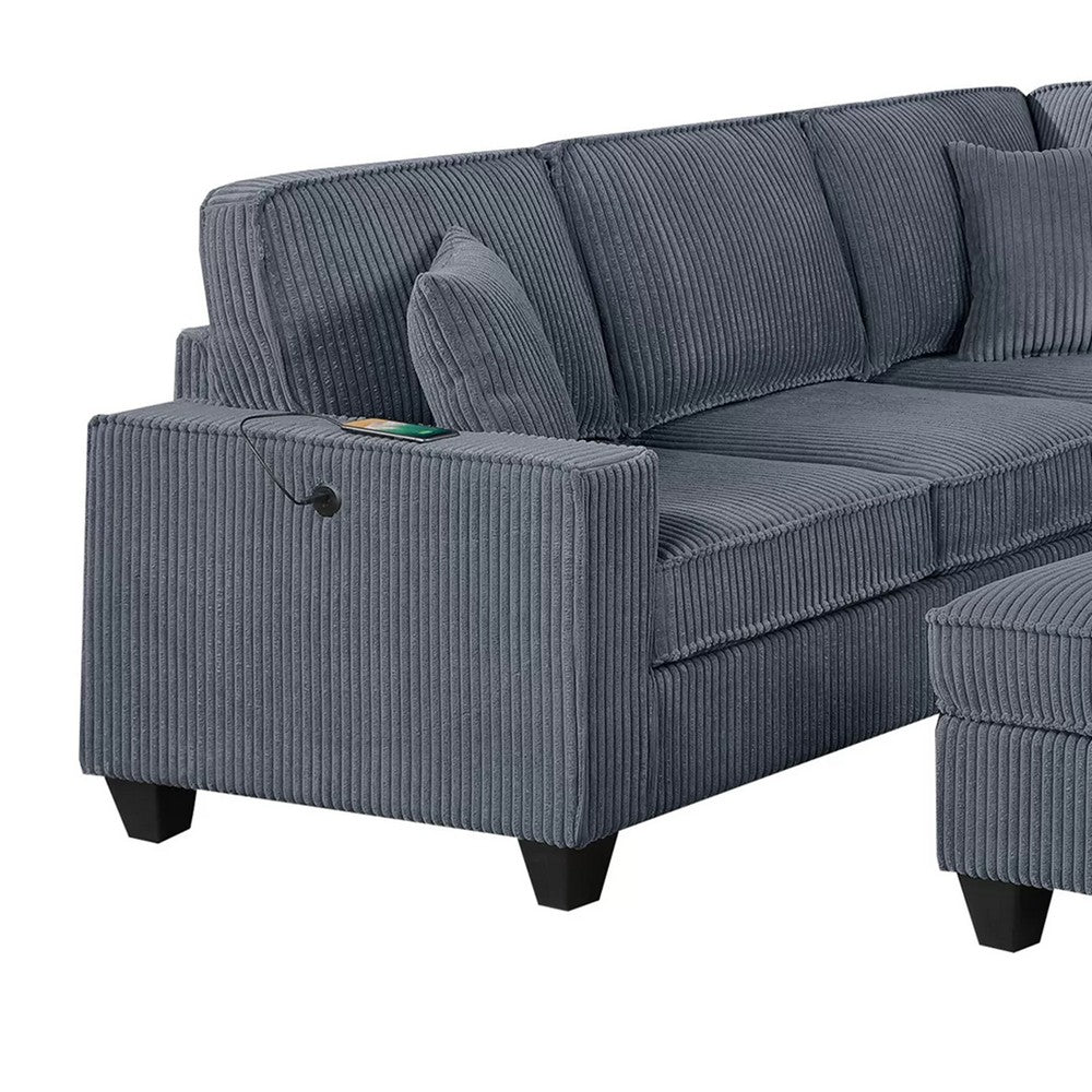 Vini 5pc Sectional Sofa Set | 3 Pillows | USB | Foam Fill Dark Gray Corduroy