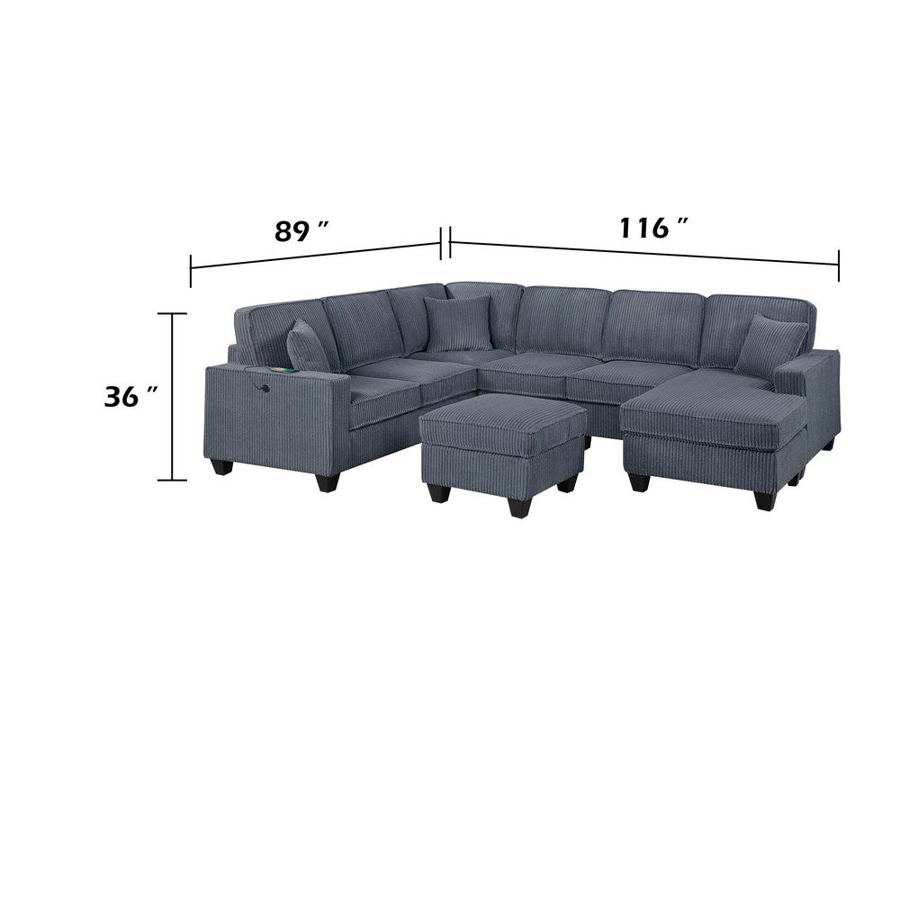 Vini 5pc Sectional Sofa Set | 3 Pillows | USB | Foam Fill Dark Gray Corduroy