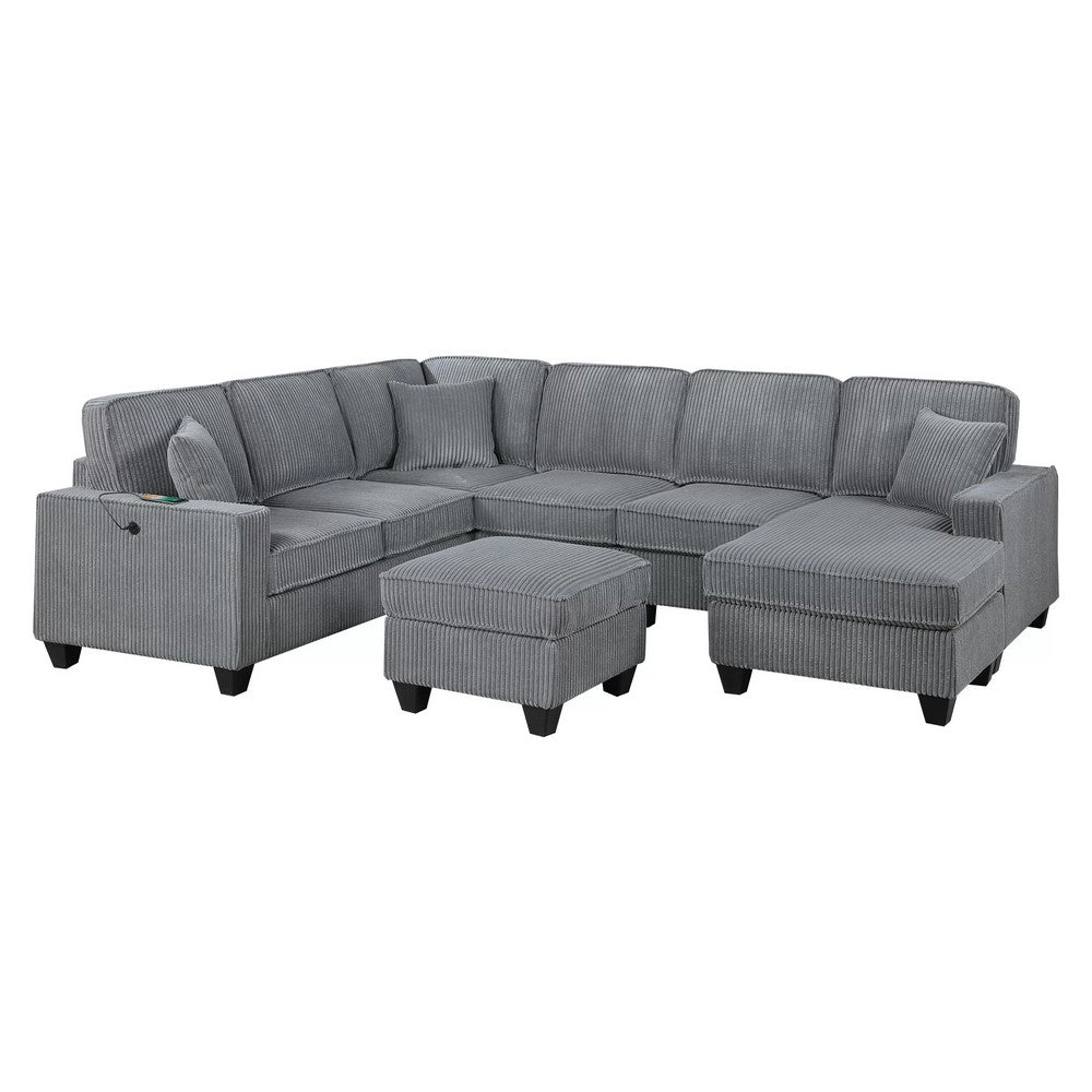 Vini 5pc Sectional Sofa Set | 3 Pillows | USB | Foam Fill Fog Gray Corduroy