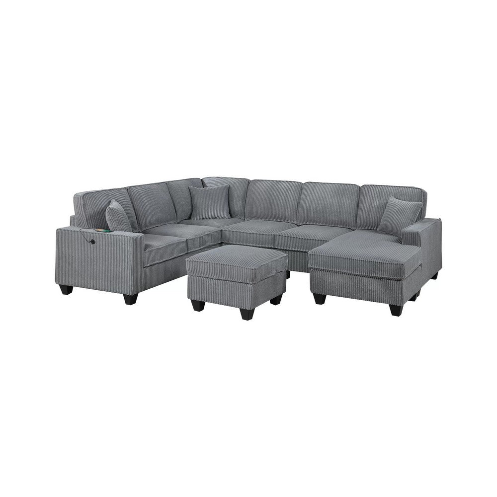 Vini 5pc Sectional Sofa Set | 3 Pillows | USB | Foam Fill Fog Gray Corduroy