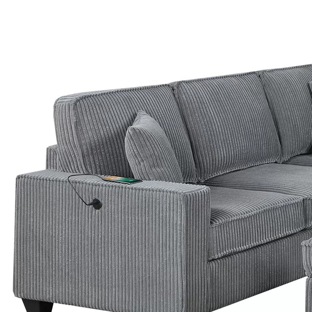 Vini 5pc Sectional Sofa Set | 3 Pillows | USB | Foam Fill Fog Gray Corduroy