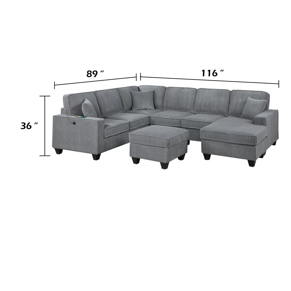 Vini 5pc Sectional Sofa Set | 3 Pillows | USB | Foam Fill Fog Gray Corduroy
