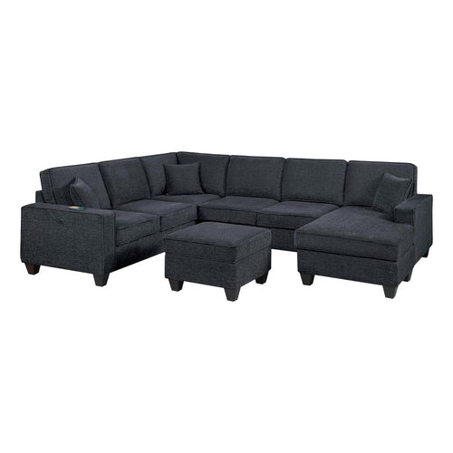 Vini 5pc Sectional Sofa Set | 3 Pillows | USB | Foam Fill Slate Black Chenille