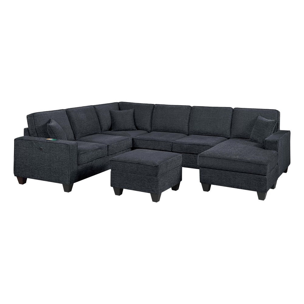 Vini 5pc Sectional Sofa Set | 3 Pillows | USB | Foam Fill Slate Black Chenille