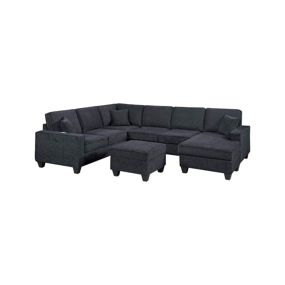 Vini 5pc Sectional Sofa Set | 3 Pillows | USB | Foam Fill Slate Black Chenille