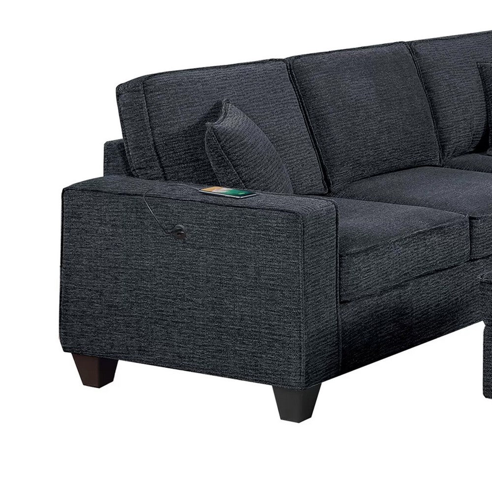 Vini 5pc Sectional Sofa Set | 3 Pillows | USB | Foam Fill Slate Black Chenille