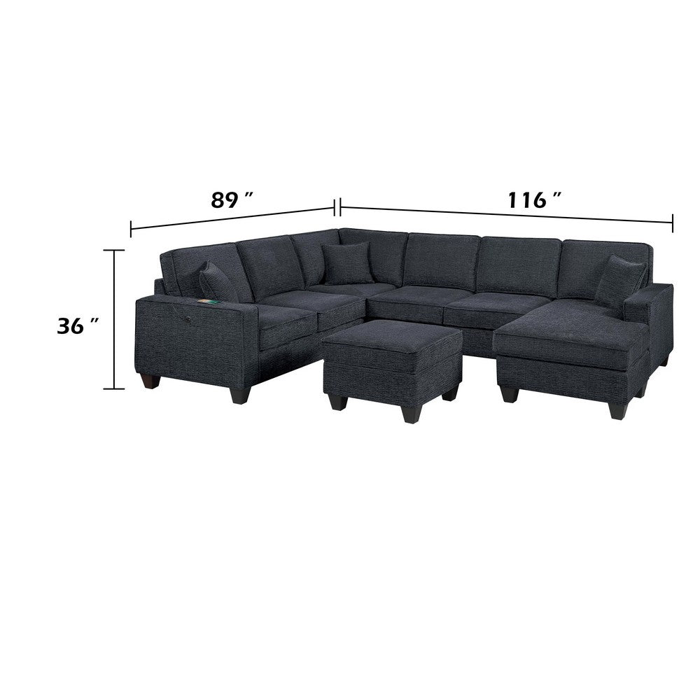 Vini 5pc Sectional Sofa Set | 3 Pillows | USB | Foam Fill Slate Black Chenille