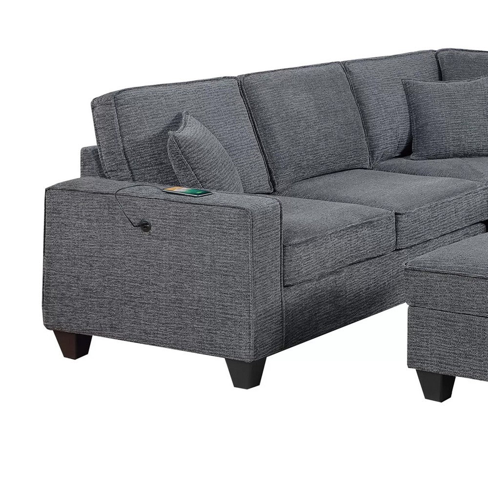 Vini 5pc Sectional Sofa Set | 3 Pillows | USB | Foam Fill Slate Gray Chenille