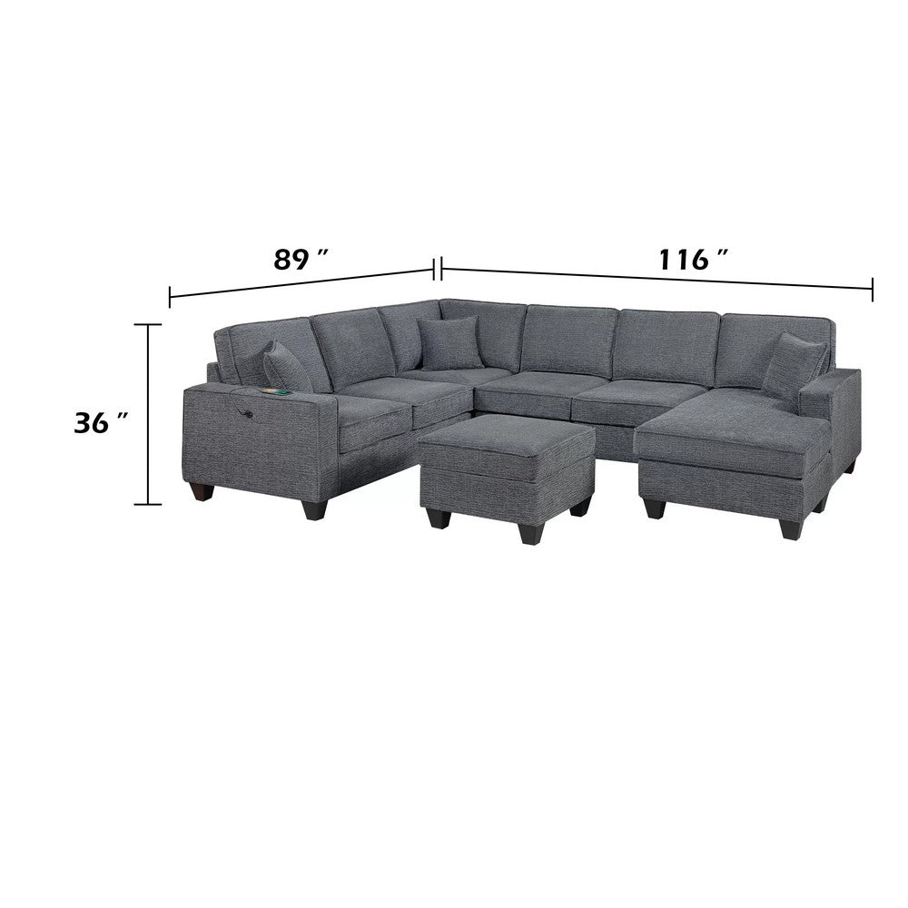 Vini 5pc Sectional Sofa Set | 3 Pillows | USB | Foam Fill Slate Gray Chenille