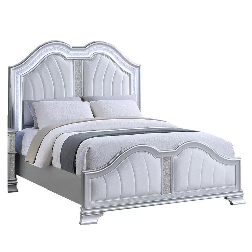 Mody Arched King Bed w LED | Glitter Stripe | Silver Fabric Upholstery | Gray