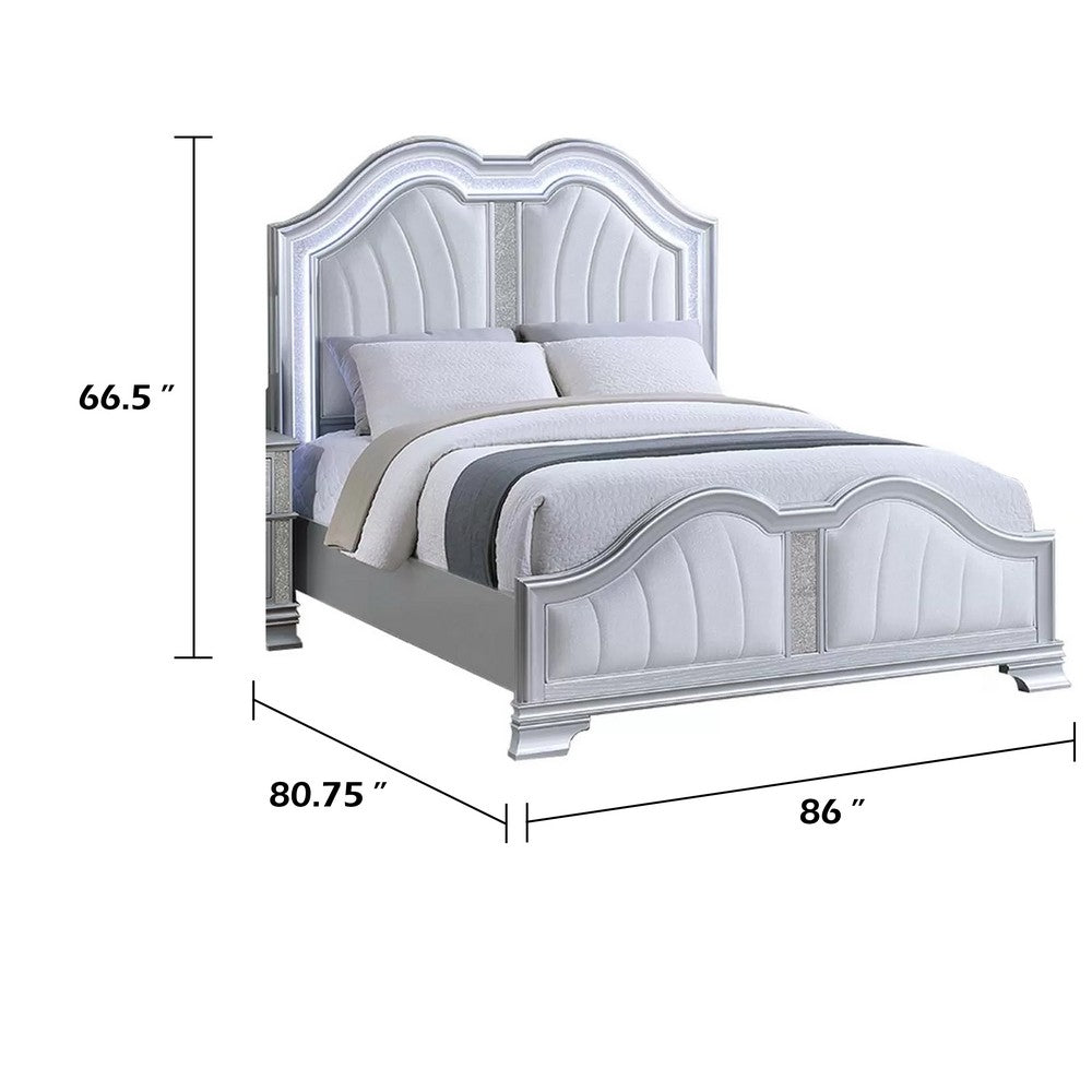 Mody Arched King Bed w LED | Glitter Stripe | Silver Fabric Upholstery | Gray
