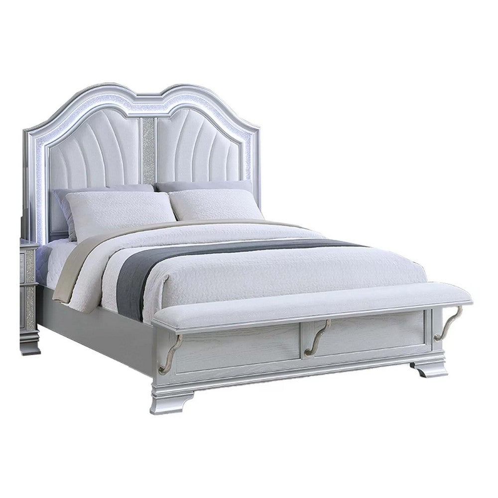 Mody Full Bed w LED | Footboard Bench | Silver Fabric Upholstery | Gray
