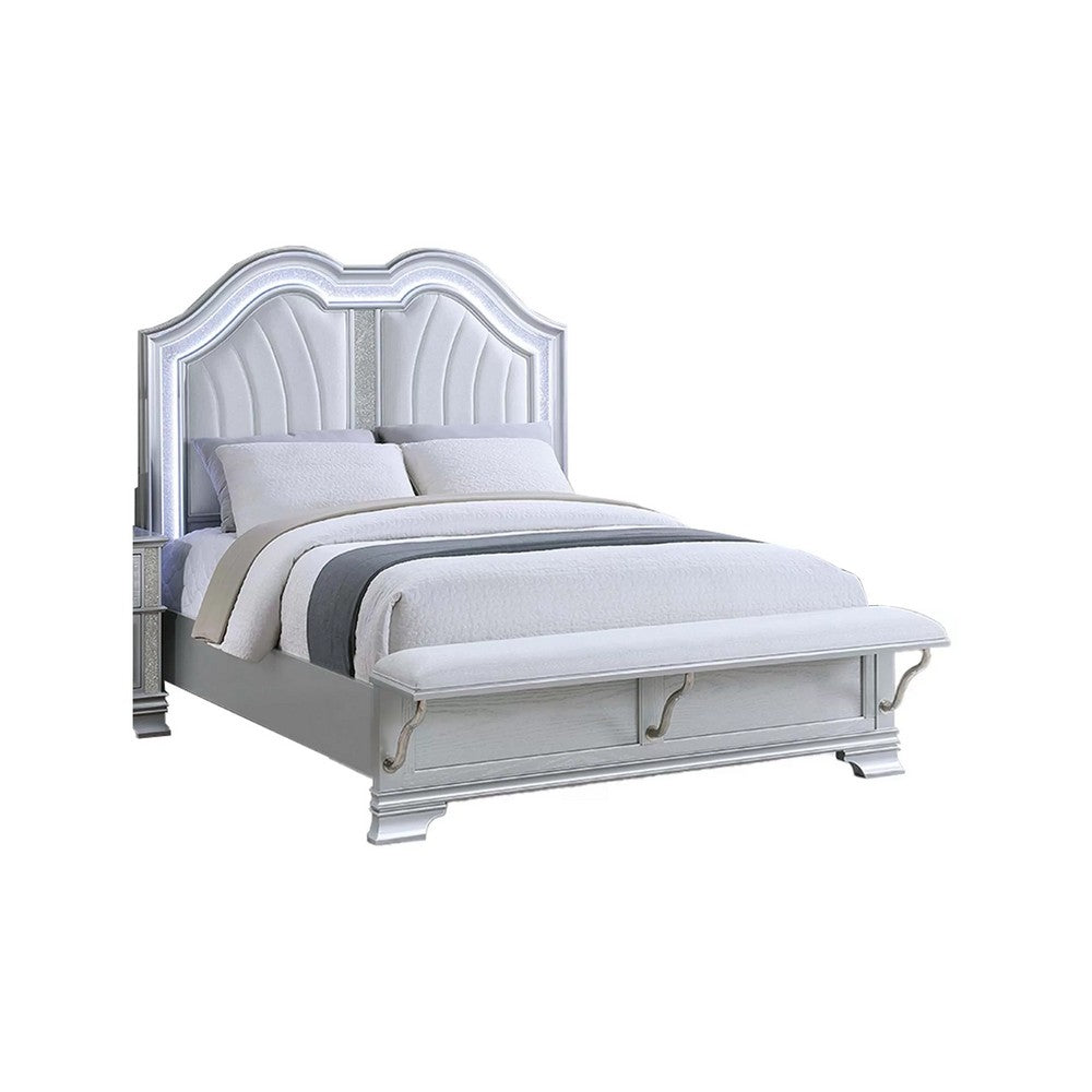 Mody Full Bed w LED | Footboard Bench | Silver Fabric Upholstery | Gray