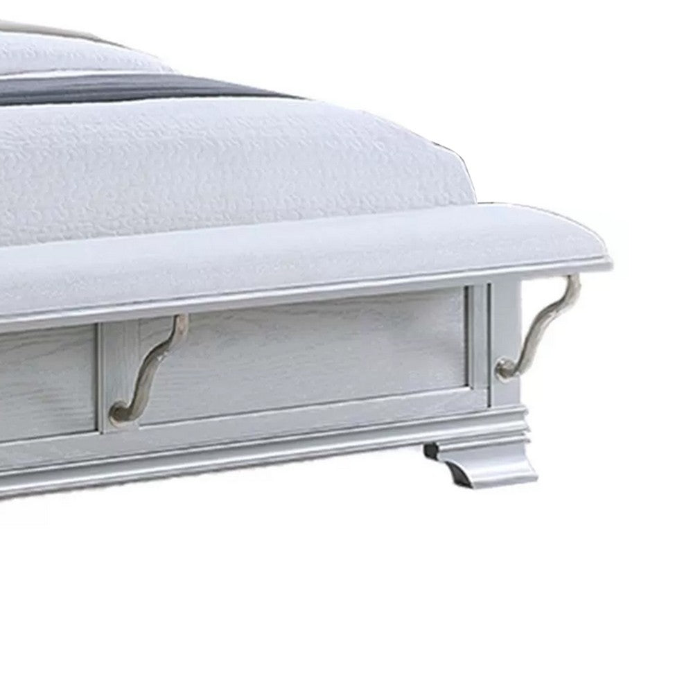 Mody Full Bed w LED | Footboard Bench | Silver Fabric Upholstery | Gray