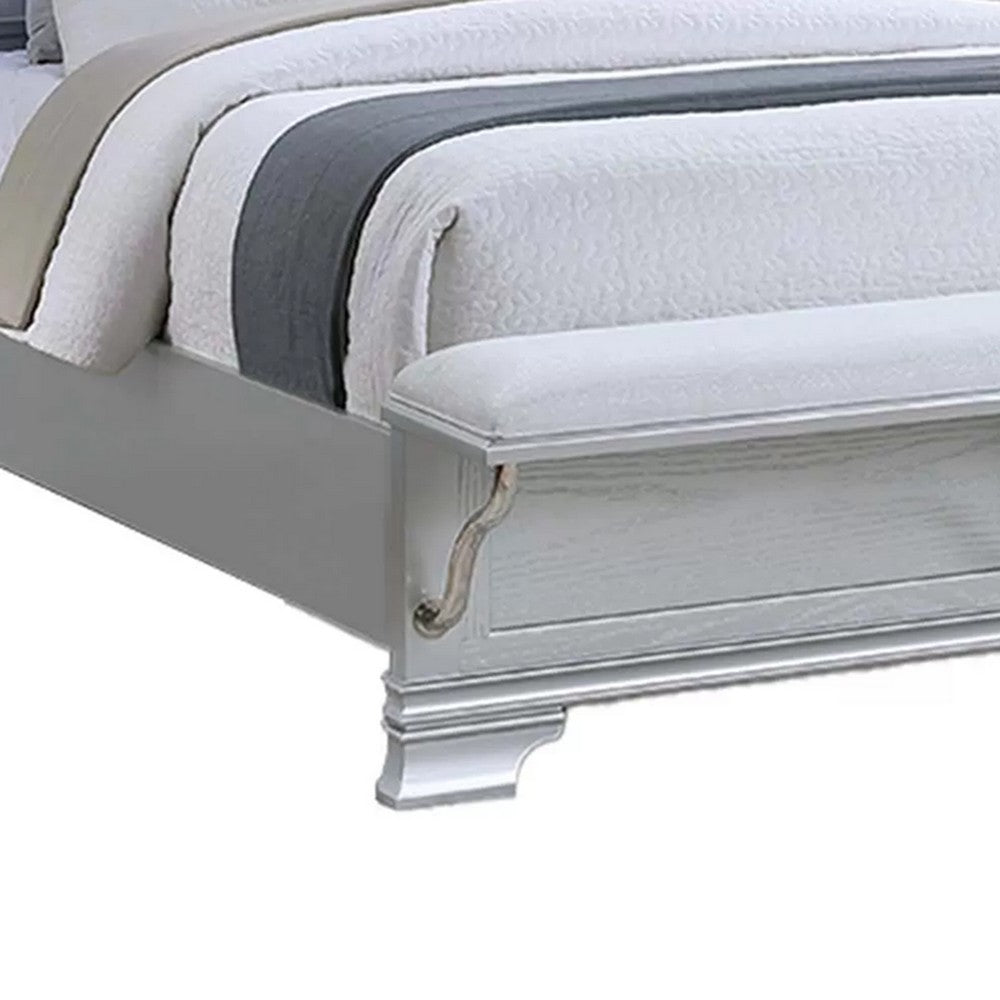 Mody King Bed w LED | Footboard Bench | Silver Fabric Upholstery | Gray