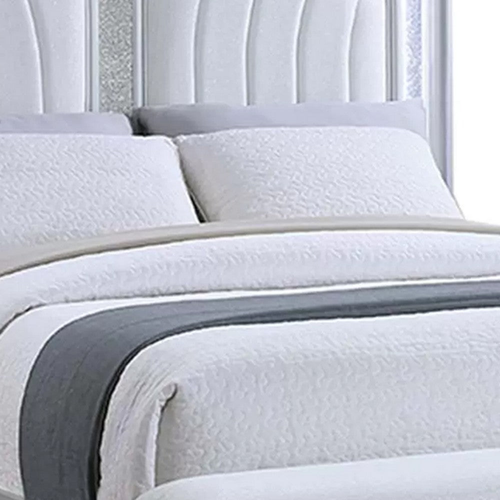 Mody King Bed w LED | Footboard Bench | Silver Fabric Upholstery | Gray