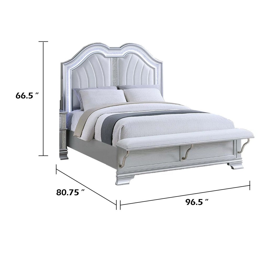 Mody King Bed w LED | Footboard Bench | Silver Fabric Upholstery | Gray