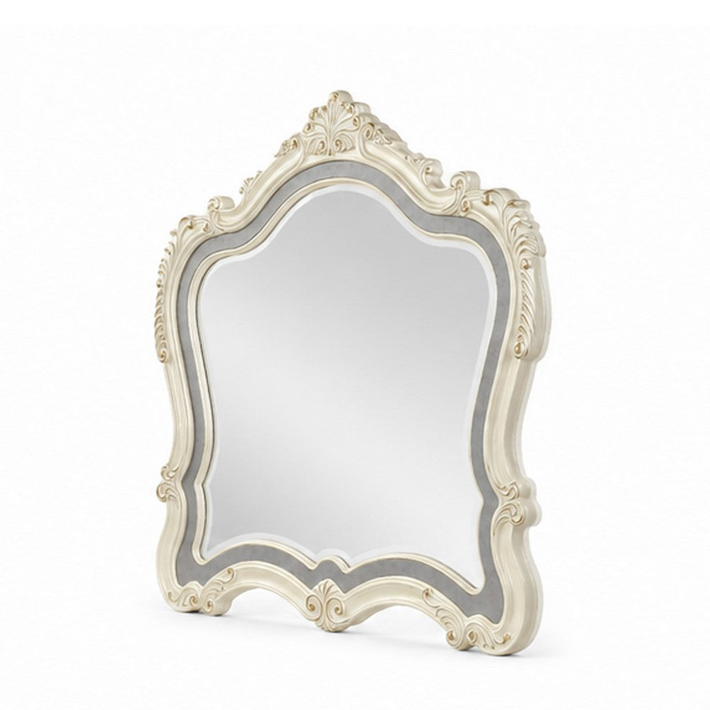 Cheny Dresser Mirror | Arched Crown | Scrolled Trim | Pearl White 45"