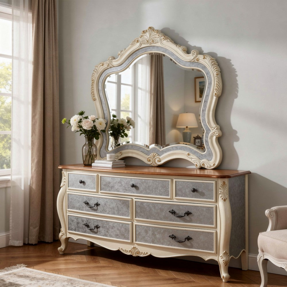 Cheny Dresser Mirror | Arched Crown | Scrolled Trim | Pearl White 45"