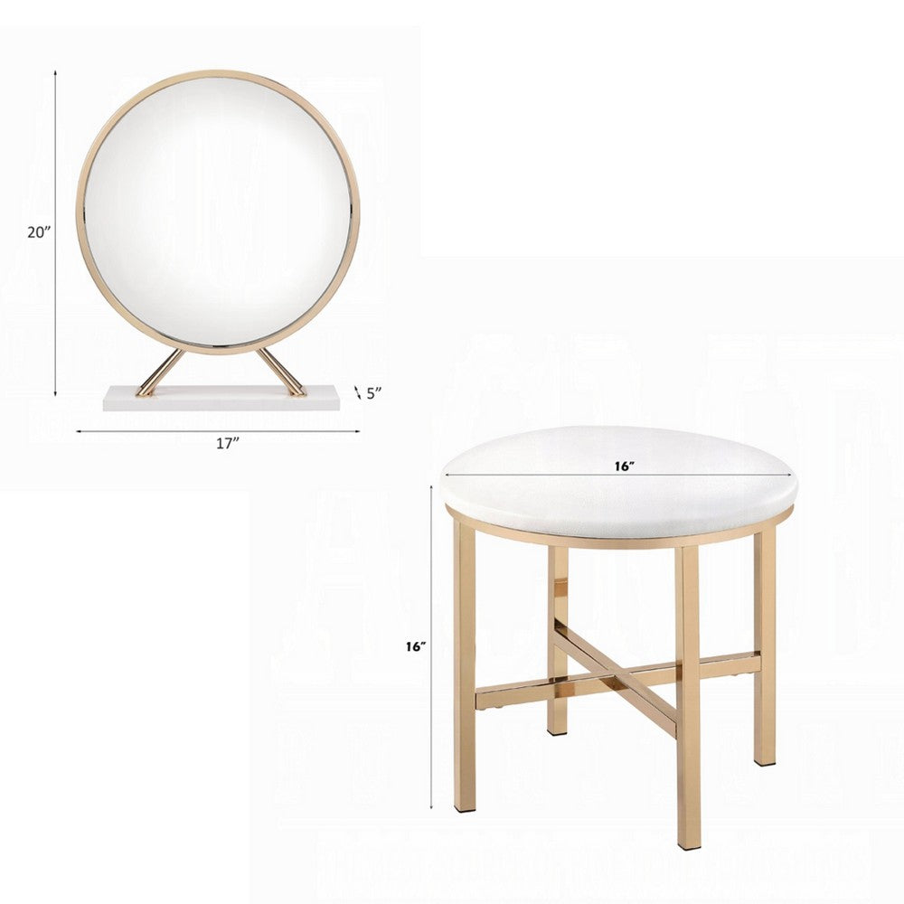Dika 2pc Vanity Mirror & Stool Set | Faux Leather Seat | White & Gold