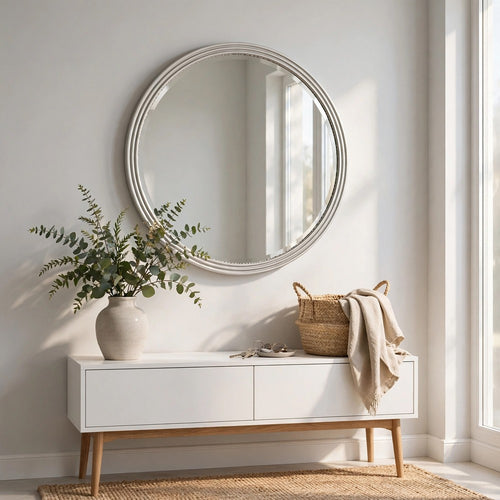 Aren Dresser Mirror | Molded Bordered Frame | White Wood | 35" Round