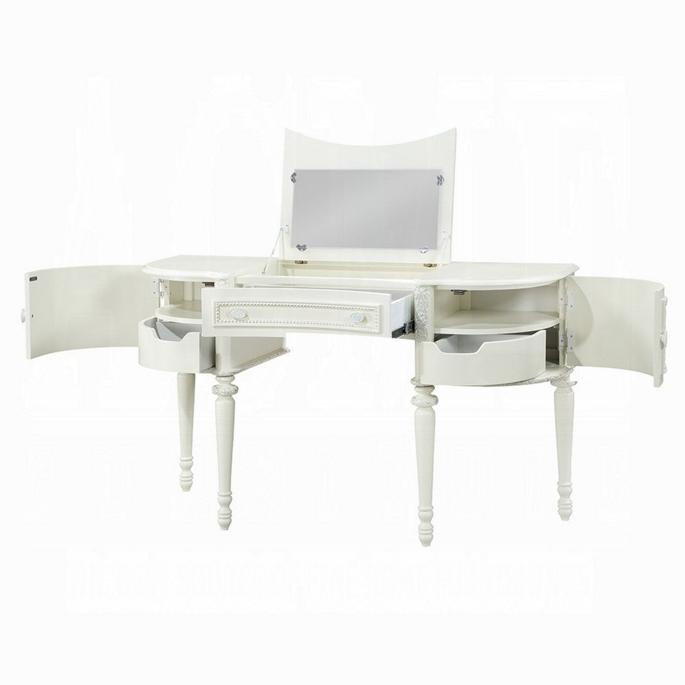 Dorie 2pc Vanity Desk & Flip-Top Mirror Set | Drawer | 2 Cabinets | Ivory