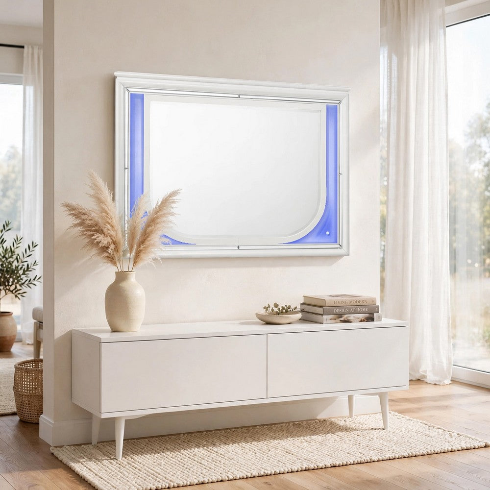 Rara Dresser Mirror w Blue LED | Rectangular L&scape Pearl White 36x47