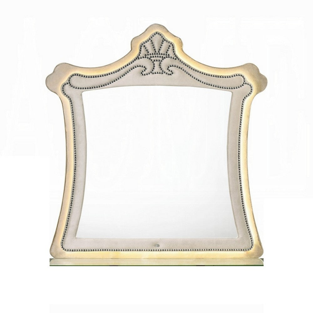 Willa LED Dresser Mirror | Crown Top | Nailed Beige Velvet Upholstery 45x48