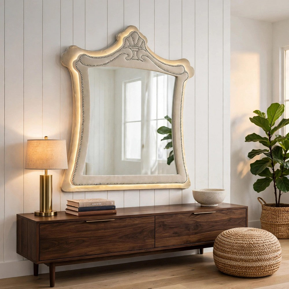 Willa LED Dresser Mirror | Crown Top | Nailed Beige Velvet Upholstery 45x48