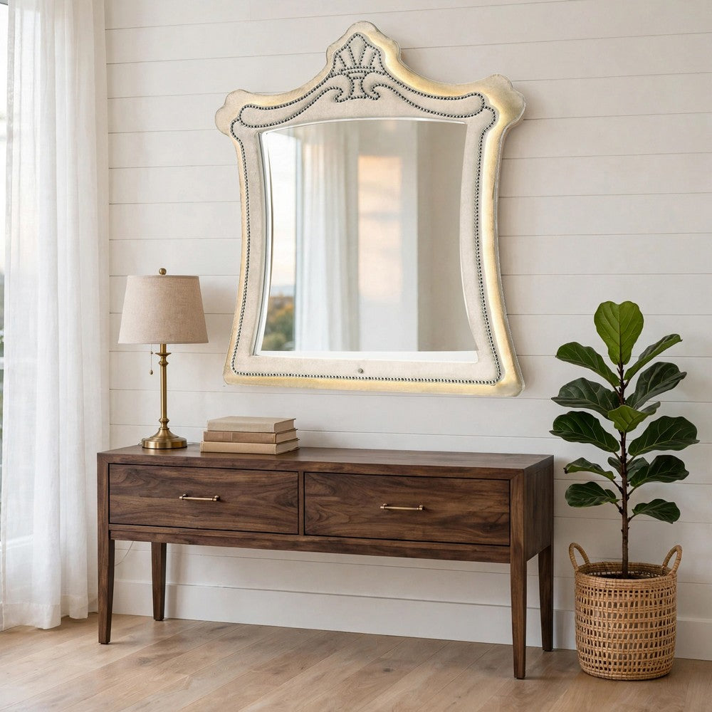 Willa LED Dresser Mirror | Crown Top | Nailed Beige Velvet Upholstery 45x48