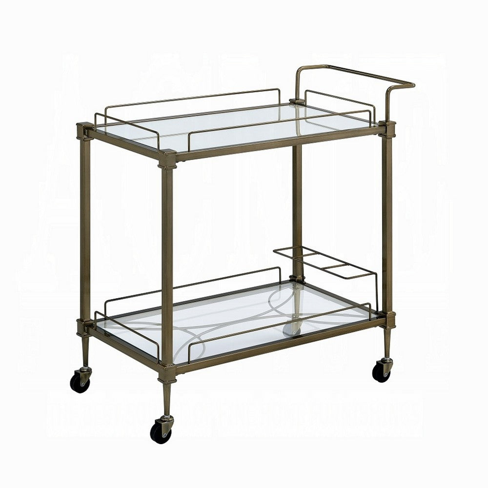 Dity Serving Cart | 2 Mirror Glass Shelves | Antique Brass Metal 33"