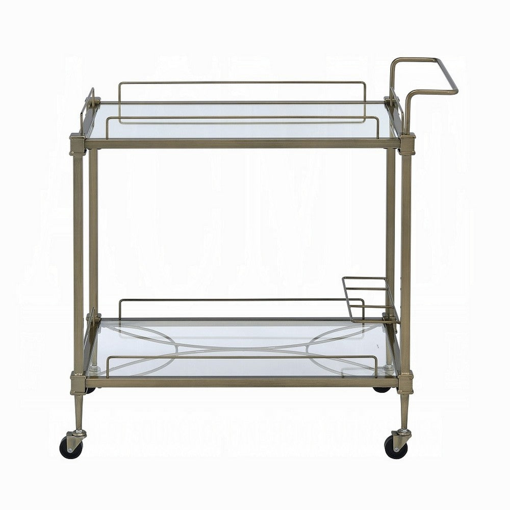 Dity Serving Cart | 2 Mirror Glass Shelves | Antique Brass Metal 33"