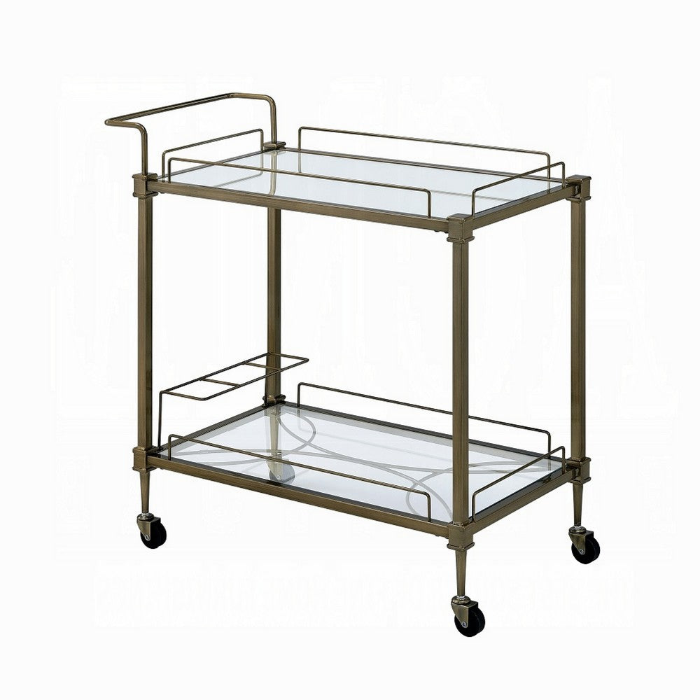 Dity Serving Cart | 2 Mirror Glass Shelves | Antique Brass Metal 33"
