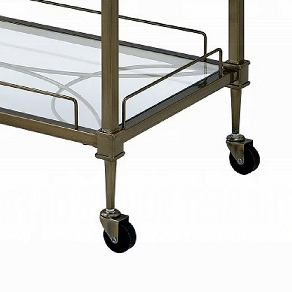 Dity Serving Cart | 2 Mirror Glass Shelves | Antique Brass Metal 33"