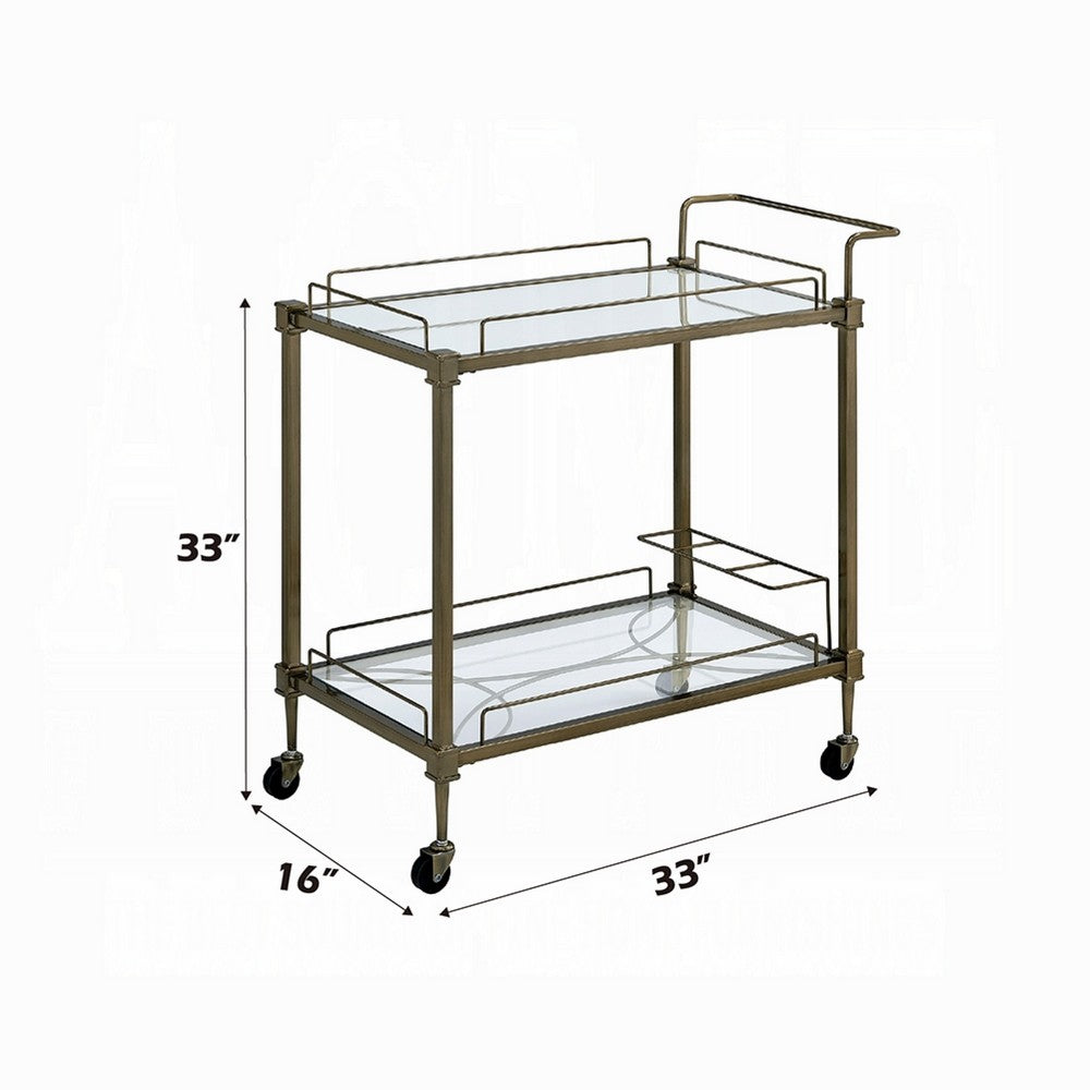 Dity Serving Cart | 2 Mirror Glass Shelves | Antique Brass Metal 33"