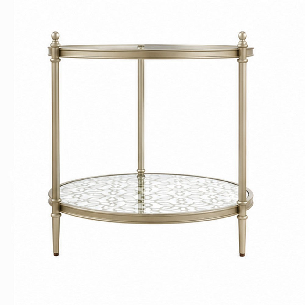 Zora Side End Table | 2 Round Glass Shelves | Champagne Metal 24"