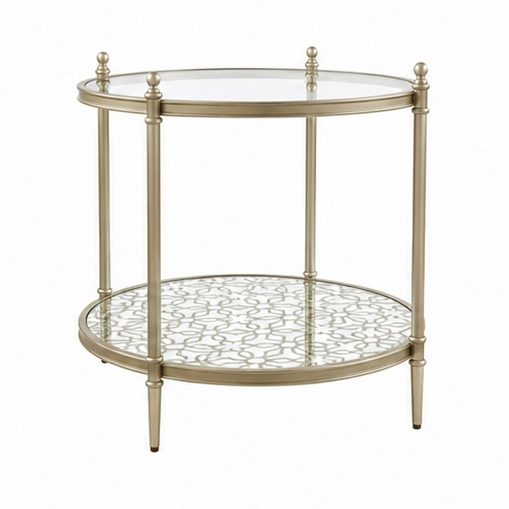 Zora Side End Table | 2 Round Glass Shelves | Champagne Metal 24"