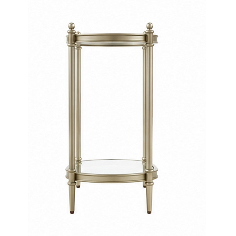 Zora Side End Table | 2 Round Glass Shelves | Champagne Metal 24"